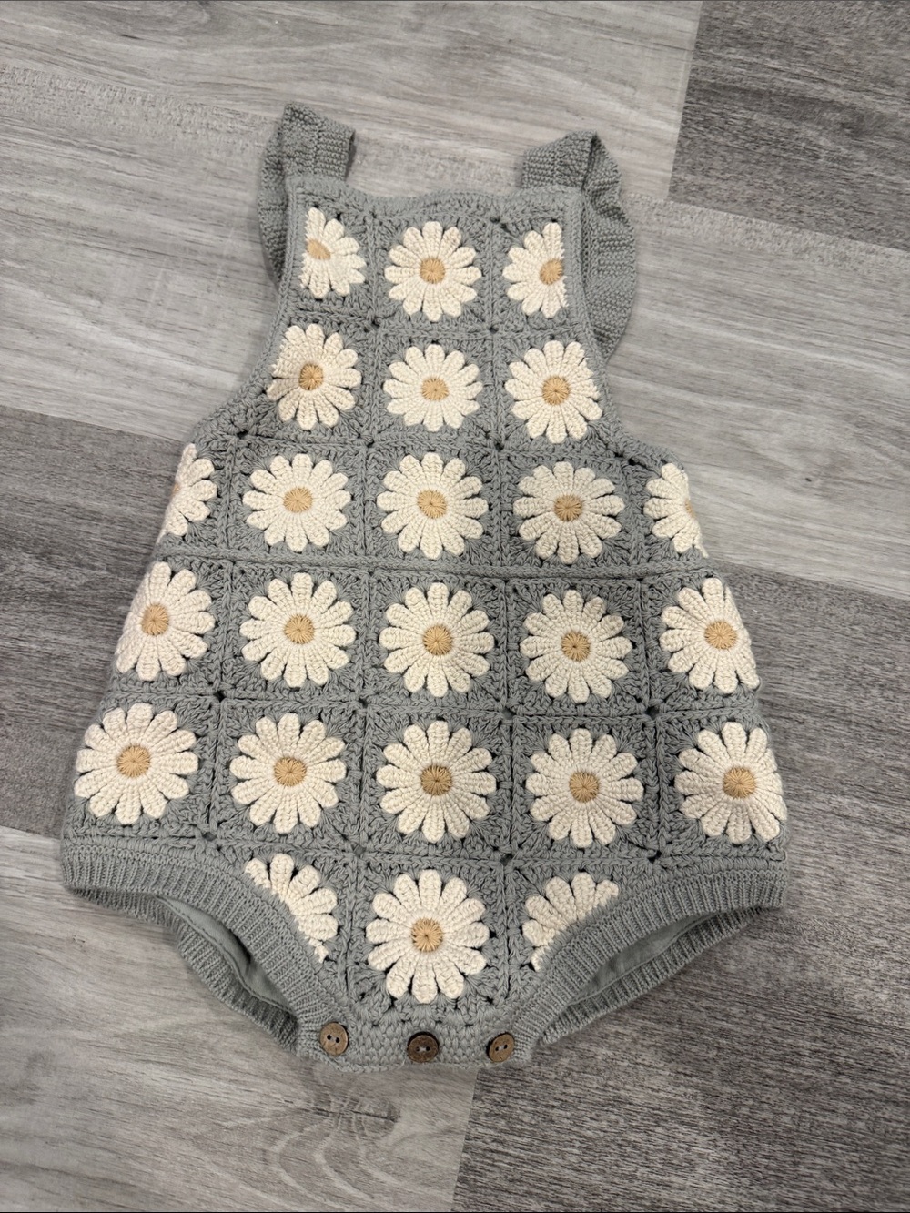 Rylee + Cru Gray Crochet Daisy Romper with Cream & Tan Flowers
